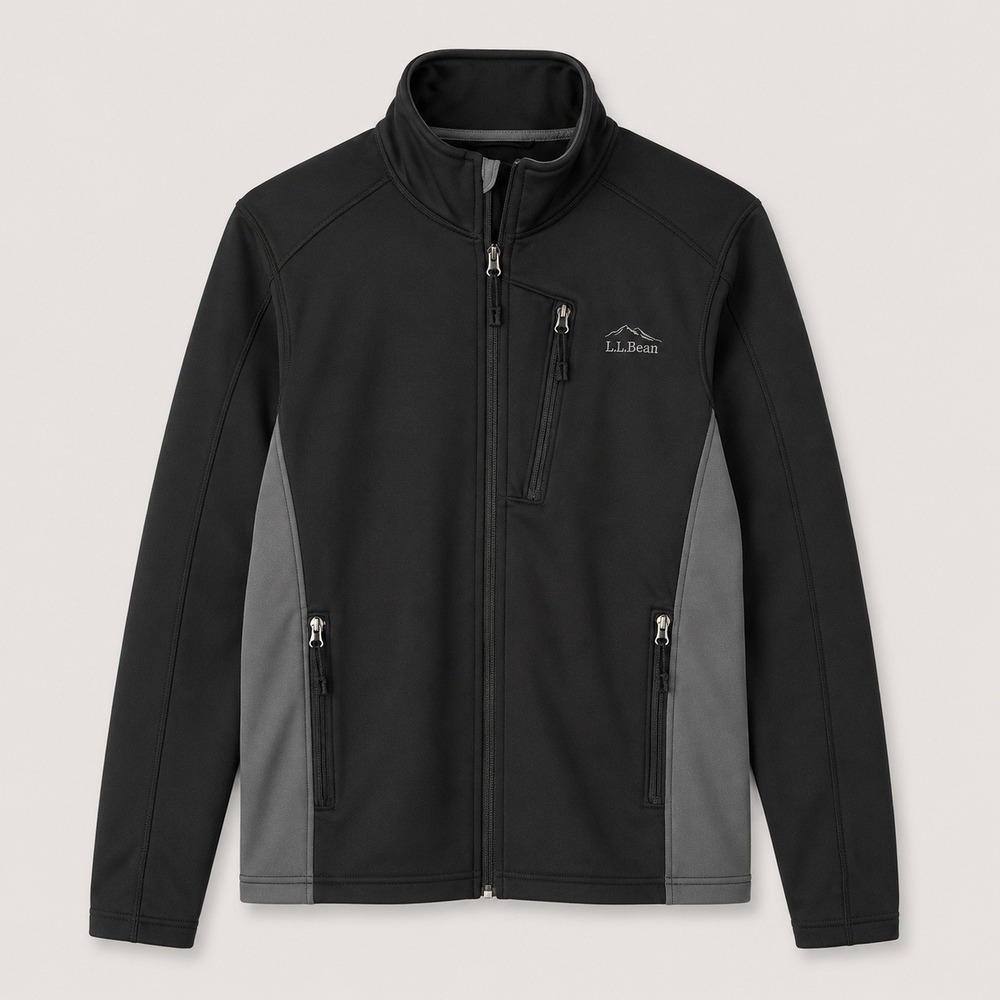 LL Bean Mens Softshell Jacket Black Grey Full Zip Fleece Lined 284602 Size M
